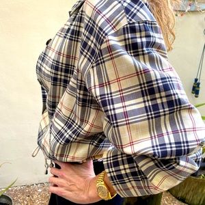 Emanuel Unsaro plaid, button-down, bomber jacket. Burberry style print.